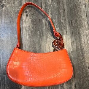Orange Faux Leather Asymmetrical Baguette Mini Bag with Acrylic Chain Link Strap